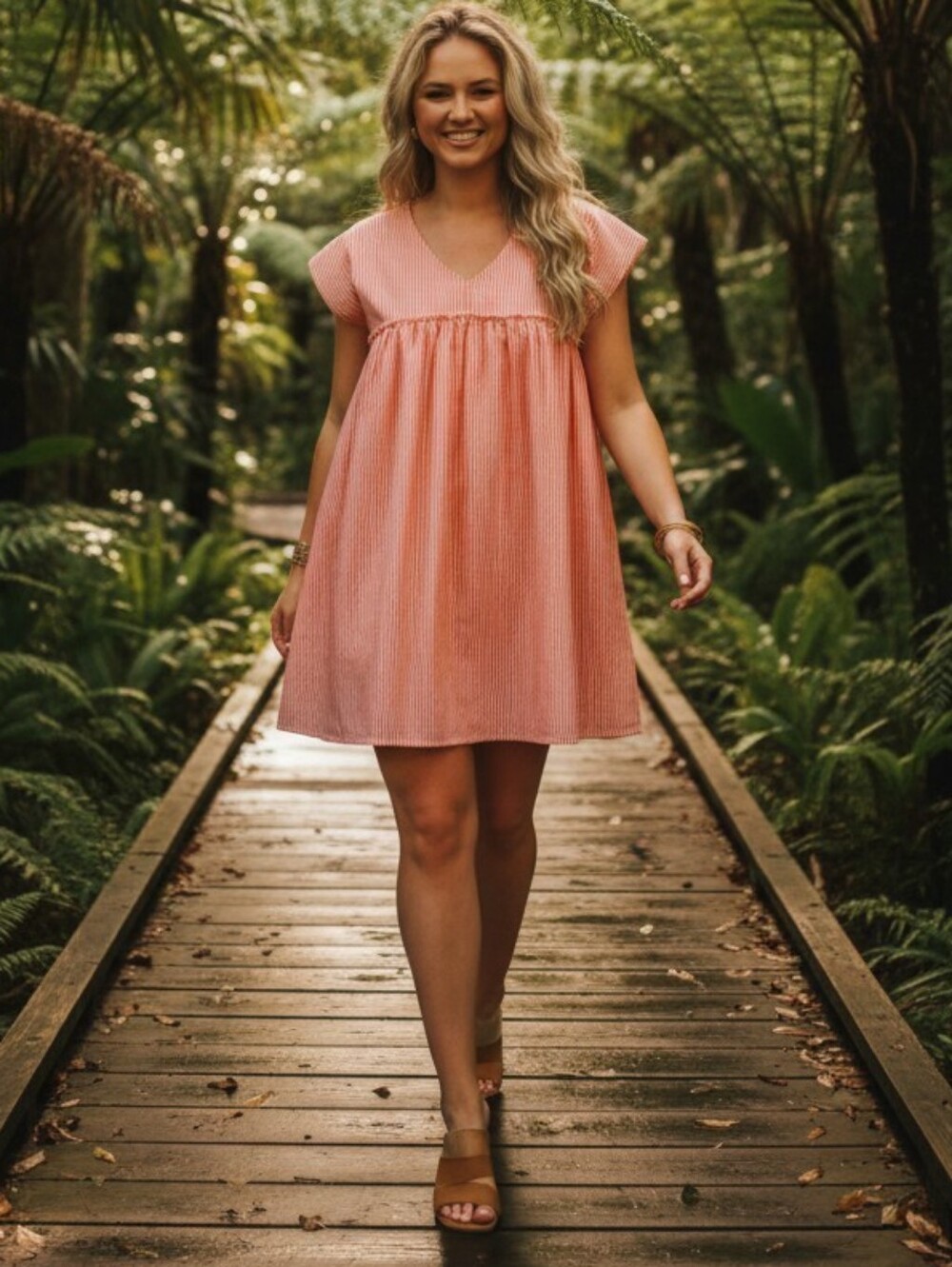 Fantastic Fawn Seersucker Orange Striped Babydoll Dress Women’s  Boho Beach-Med
